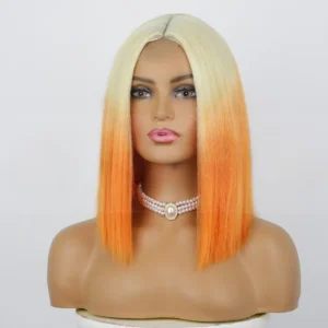 European and American Bob Wig - Short Straight with Light Brown Lace and Orange Tones