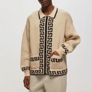 Casual Zip-Up Knit Sweater with Intarsia Design