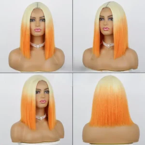 European and American Bob Wig - Short Straight with Light Brown Lace and Orange Tones