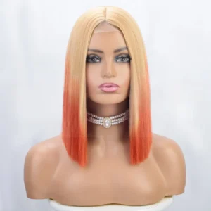 European and American Bob Wig - Short Straight with Light Brown Lace and Orange Tones