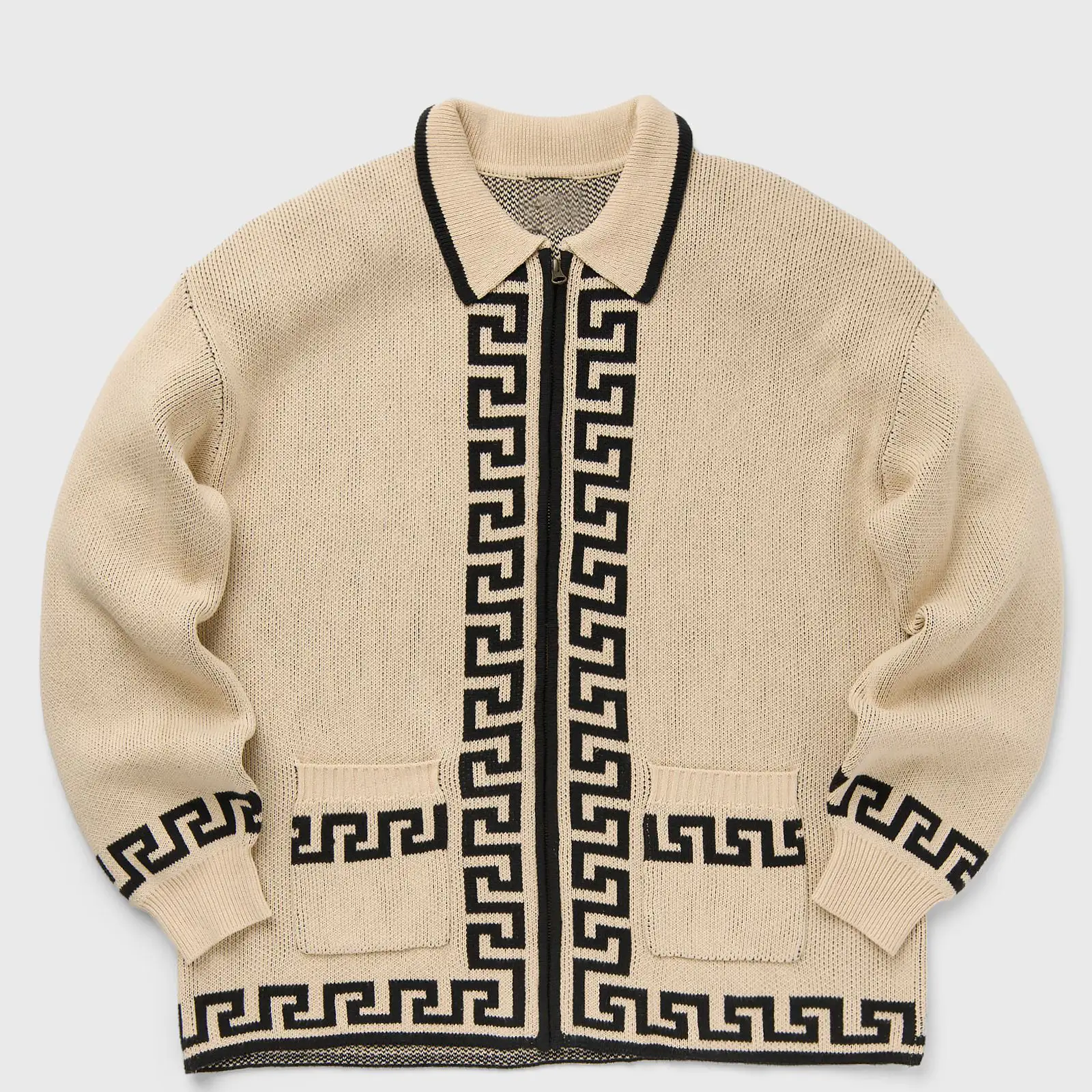 Casual Zip-Up Knit Sweater with Intarsia Design