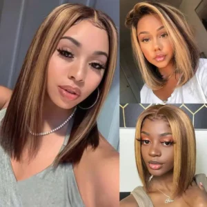 13x4 Lace Front Bob Wig - Straight Remy Hair with Highlights