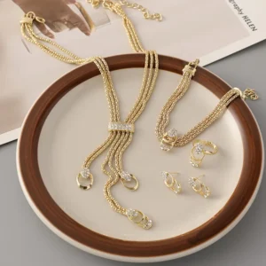 Gold Tone Wedding Jewelry Set with Necklace, Earrings, Ring, and Bracelet