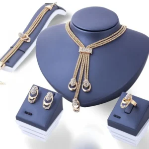 Gold Tone Wedding Jewelry Set with Necklace, Earrings, Ring, and Bracelet