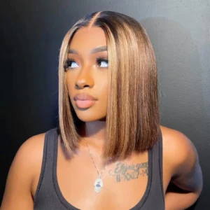 13x4 Lace Front Bob Wig - Straight Remy Hair with Highlights