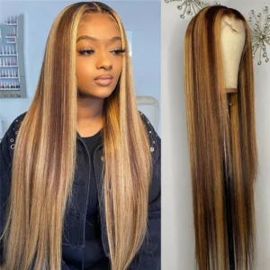 Long Straight Synthetic Wig with Transparent Lace - Heat Resistant Yellow