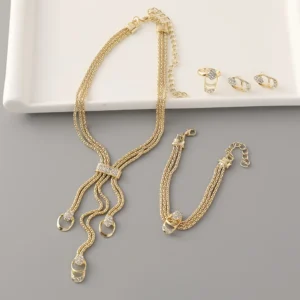 Gold Tone Wedding Jewelry Set with Necklace, Earrings, Ring, and Bracelet