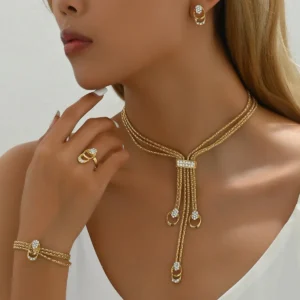 Gold Tone Wedding Jewelry Set with Necklace, Earrings, Ring, and Bracelet