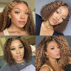 Honey Blonde Curly Bob Wig - Glueless Human Hair