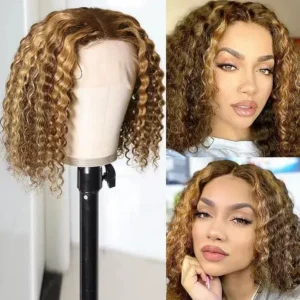Honey Blonde Curly Bob Wig - Glueless Human Hair