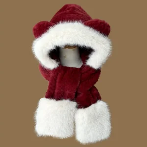 Charming Bear Ear Winter Cycling Set – Cozy Gloves, Scarf, and Faux Fur Hat for Stylish Outdoor Adventures