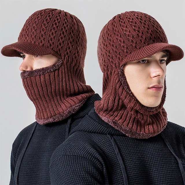 Thickened Woolen Beanie with Integrated Scarf for Men