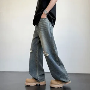 Men's Loose Fit Retro Straight Leg Jeans - Trendy Wide Leg Design