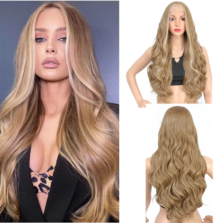 Lenaqueen 24-Inch Long Blonde Ombre Wavy Wig - Heat Resistant Synthetic Hair for Women