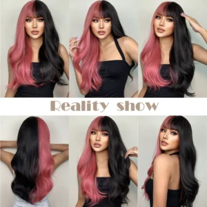 Pink Black Ombre Wavy Wig with Bangs - Heat Resistant Cosplay Hair