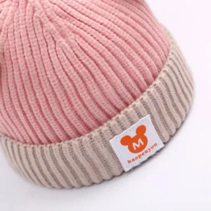 Charming Winter Twist Knitted Beanie with Double Pom Poms – Pure Color Woolen Hat for Babies