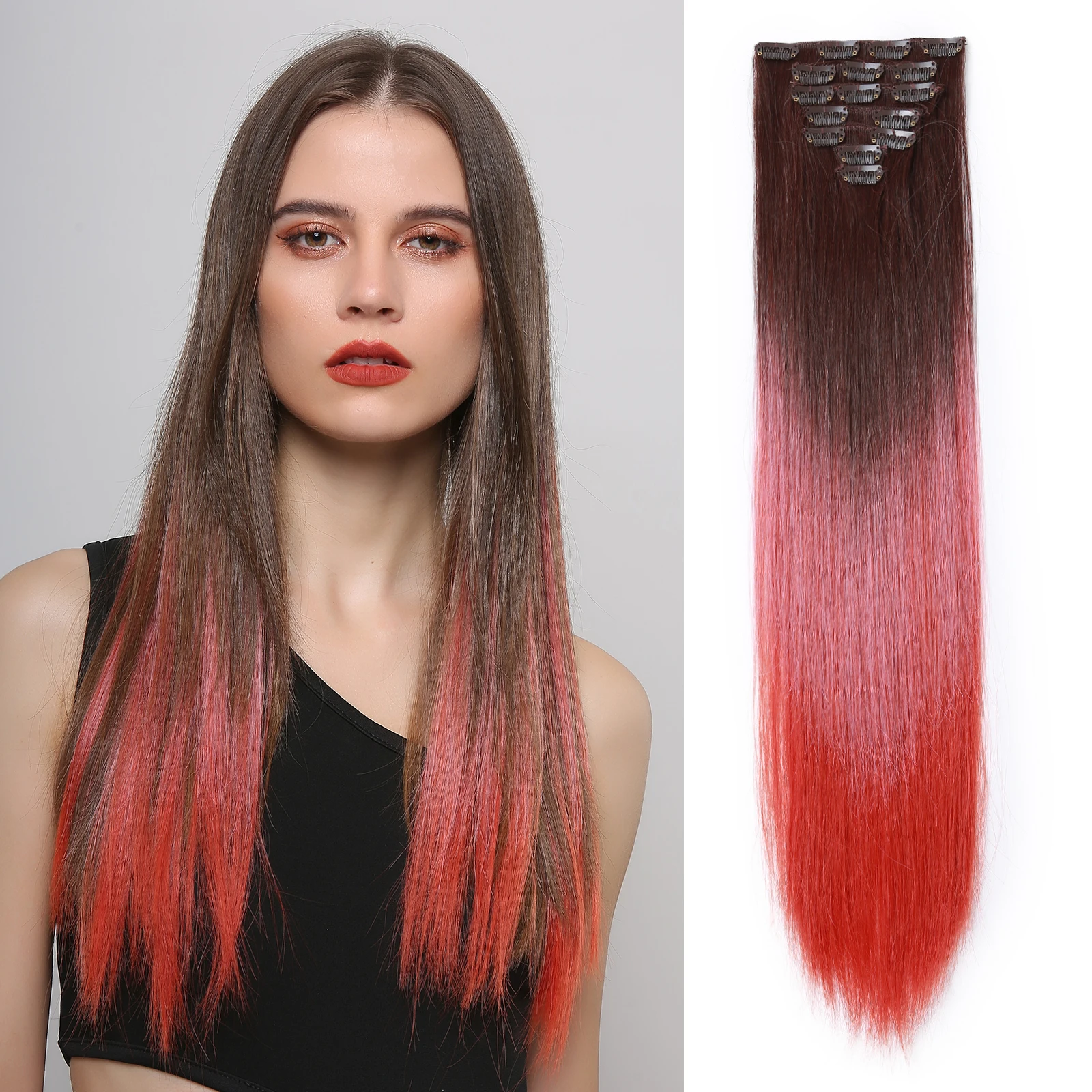 Clip-in Hair Extensions 24 Inch - Ombre Brown Synthetic Hair Set