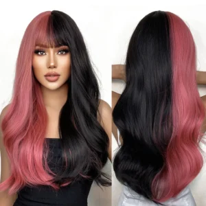 Pink Black Ombre Wavy Wig with Bangs - Heat Resistant Cosplay Hair