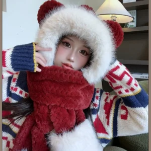Charming Bear Ear Winter Cycling Set – Cozy Gloves, Scarf, and Faux Fur Hat for Stylish Outdoor Adventures