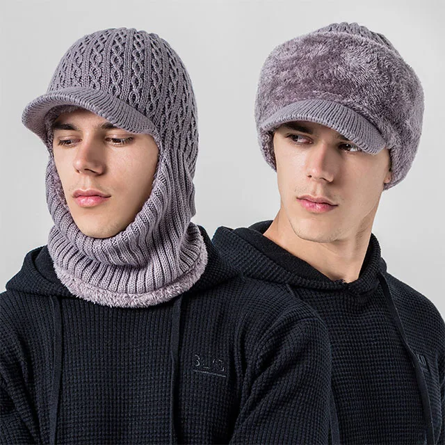 Thickened Woolen Beanie with Integrated Scarf for Men