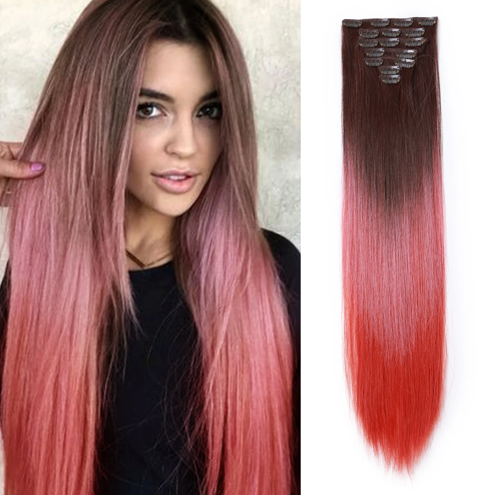 Clip-in Hair Extensions 24 Inch - Ombre Brown Synthetic Hair Set