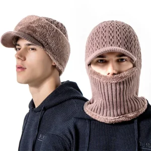 Thickened Woolen Beanie with Integrated Scarf for Men