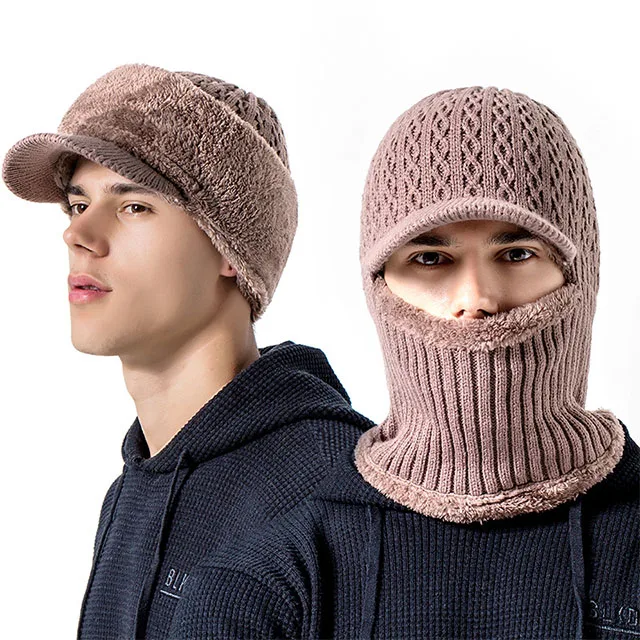 Thickened Woolen Beanie with Integrated Scarf for Men