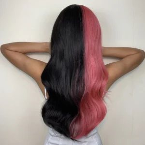 Pink Black Ombre Wavy Wig with Bangs - Heat Resistant Cosplay Hair