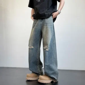 Men's Loose Fit Retro Straight Leg Jeans - Trendy Wide Leg Design
