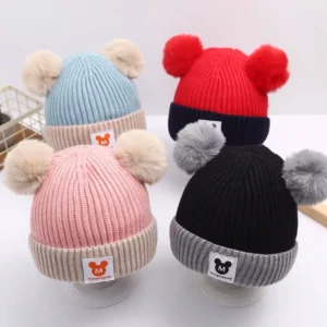 Charming Winter Twist Knitted Beanie with Double Pom Poms – Pure Color Woolen Hat for Babies