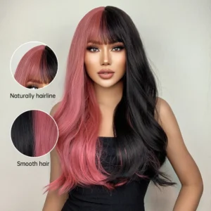 Pink Black Ombre Wavy Wig with Bangs - Heat Resistant Cosplay Hair