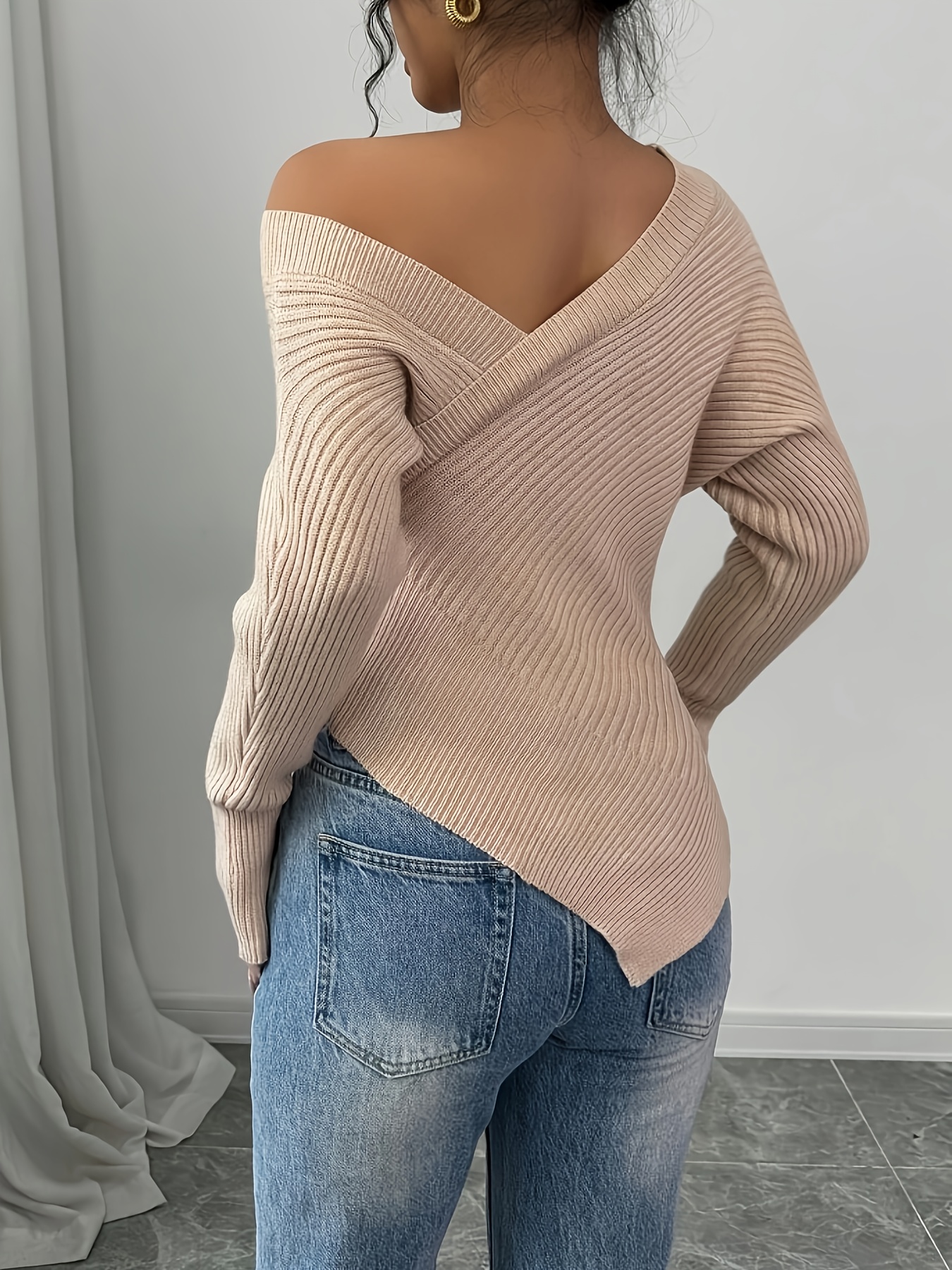 Contemporary Solid Knit Sweater with Asymmetrical Neckline