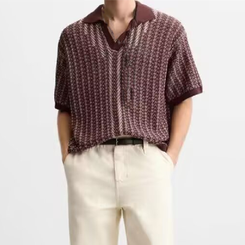 Spring Men's Casual Textured Knitted Contrast Lapel Polo Shirt