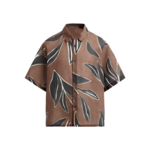 Spring New Men's Fashion Versatile All-Match Light Brown Loose-Fit Leaf Print Short Sleeve Shirt for Effortless Holiday Style and Comfort