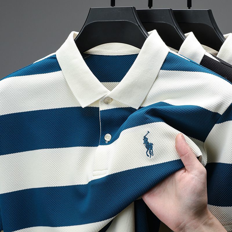 Men's High-Grade Striped Polo Shirt with Embroidered Accent