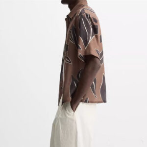 Spring New Men's Fashion Versatile All-Match Light Brown Loose-Fit Leaf Print Short Sleeve Shirt for Effortless Holiday Style and Comfort