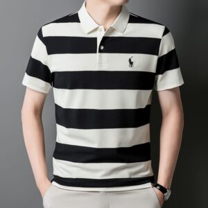 Men's High-Grade Striped Polo Shirt with Embroidered Accent
