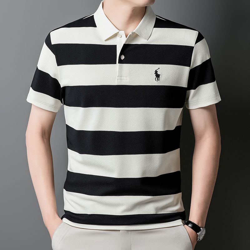 Men's High-Grade Striped Polo Shirt with Embroidered Accent