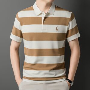 Men's High-Grade Striped Polo Shirt with Embroidered Accent