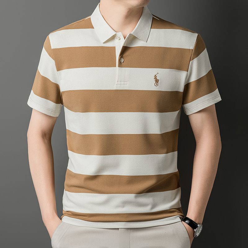 Men's High-Grade Striped Polo Shirt with Embroidered Accent