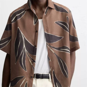 Spring New Men's Fashion Versatile All-Match Light Brown Loose-Fit Leaf Print Short Sleeve Shirt for Effortless Holiday Style and Comfort