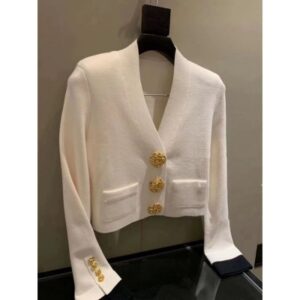 Women's Luxurious Custom Knit Color Block V-Neck Cardigan - Elegant Knitted Sweater for Chic Autumn Style and Cozy Winter Comfort