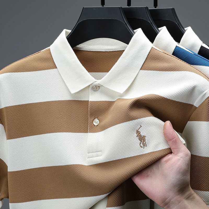 Men's High-Grade Striped Polo Shirt with Embroidered Accent