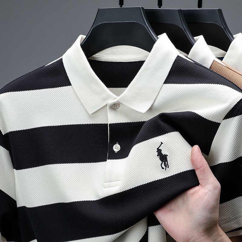 Men's High-Grade Striped Polo Shirt with Embroidered Accent