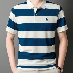 Men's High-Grade Striped Polo Shirt with Embroidered Accent