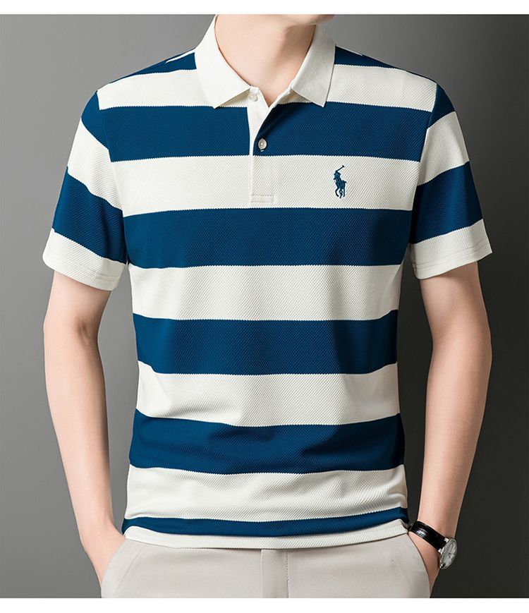 Men's High-Grade Striped Polo Shirt with Embroidered Accent