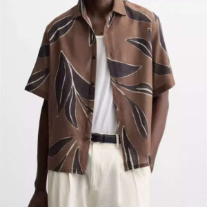 Spring New Men's Fashion Versatile All-Match Light Brown Loose-Fit Leaf Print Short Sleeve Shirt for Effortless Holiday Style and Comfort