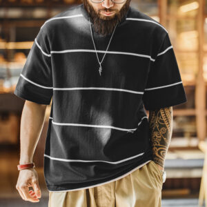 Maden Men's Vintage-Inspired Black and White Striped Casual Tee with Contrast Color Accents