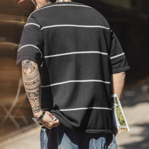 Maden Men's Vintage-Inspired Black and White Striped Casual Tee with Contrast Color Accents