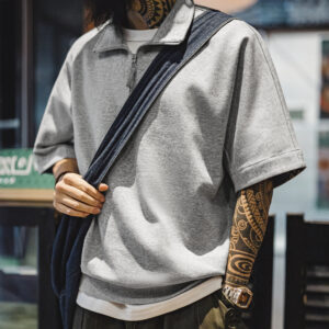 Men's Retro Ethnic Print Boro Polo Shirt with Half Placket and Zipper-Up Design